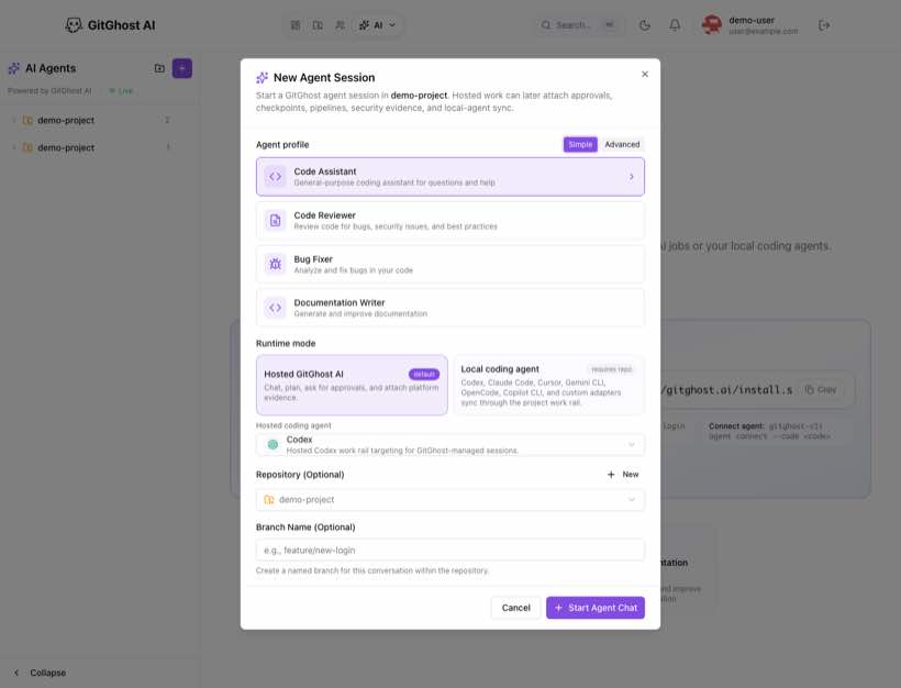 GitGhost AI agent workspace connected to project context